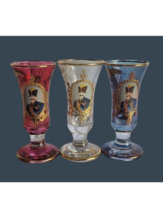 Villa Handy-Crafts Other - 3 Vtg Persian Qajar Naser al-Din Shah Cordial Shot Glasses Villa Handy Crafts